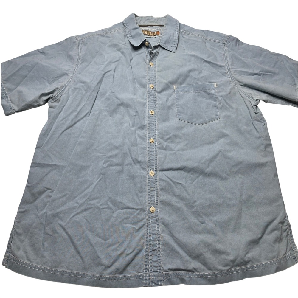 Kahala 1936 Mens XL Blue Cotton Short Sleeve Button Down Shirt Triple Stitch